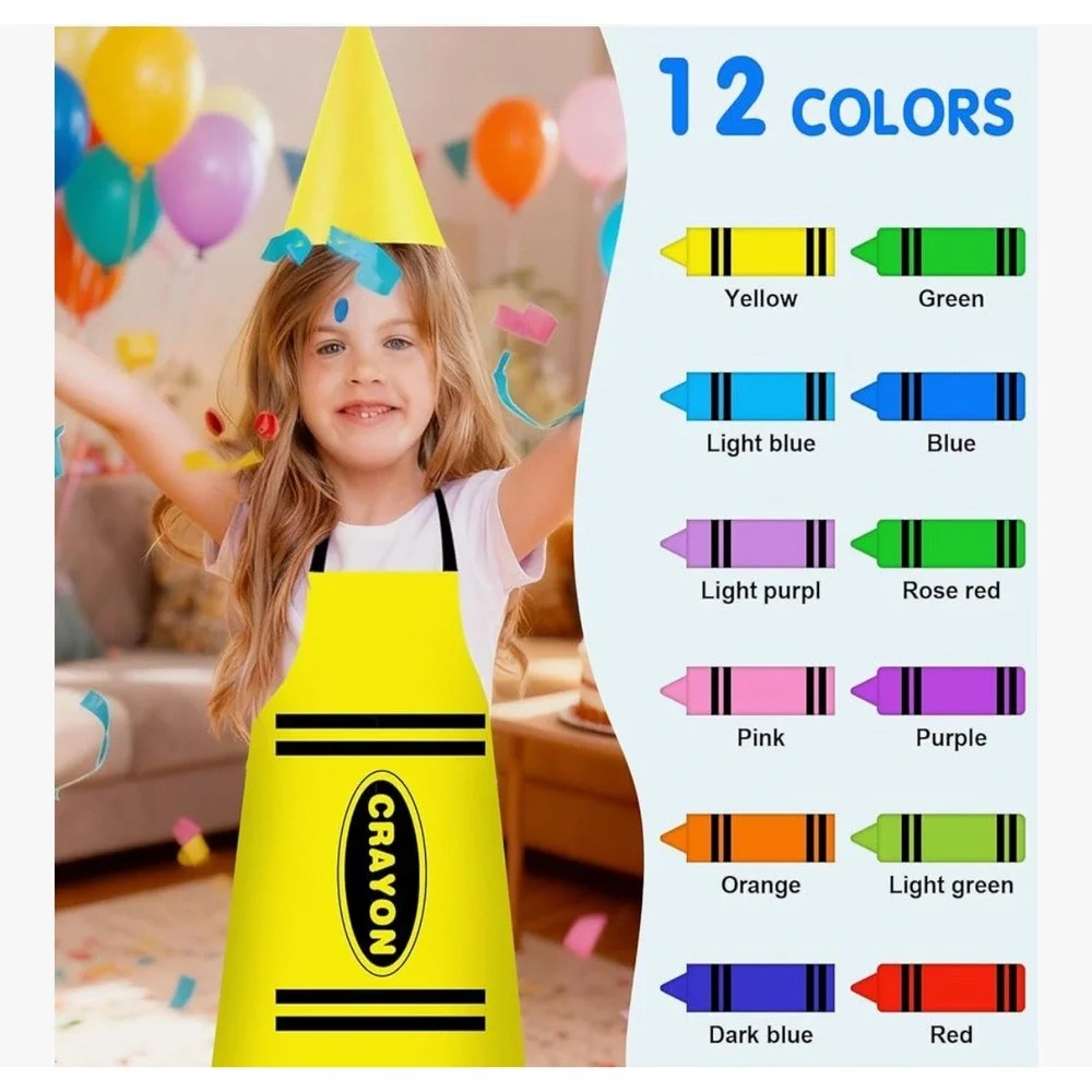 Crayon 12 Color Set  Apron & Funny Gnome Cone Hats Group Costume Set Kids NEW!